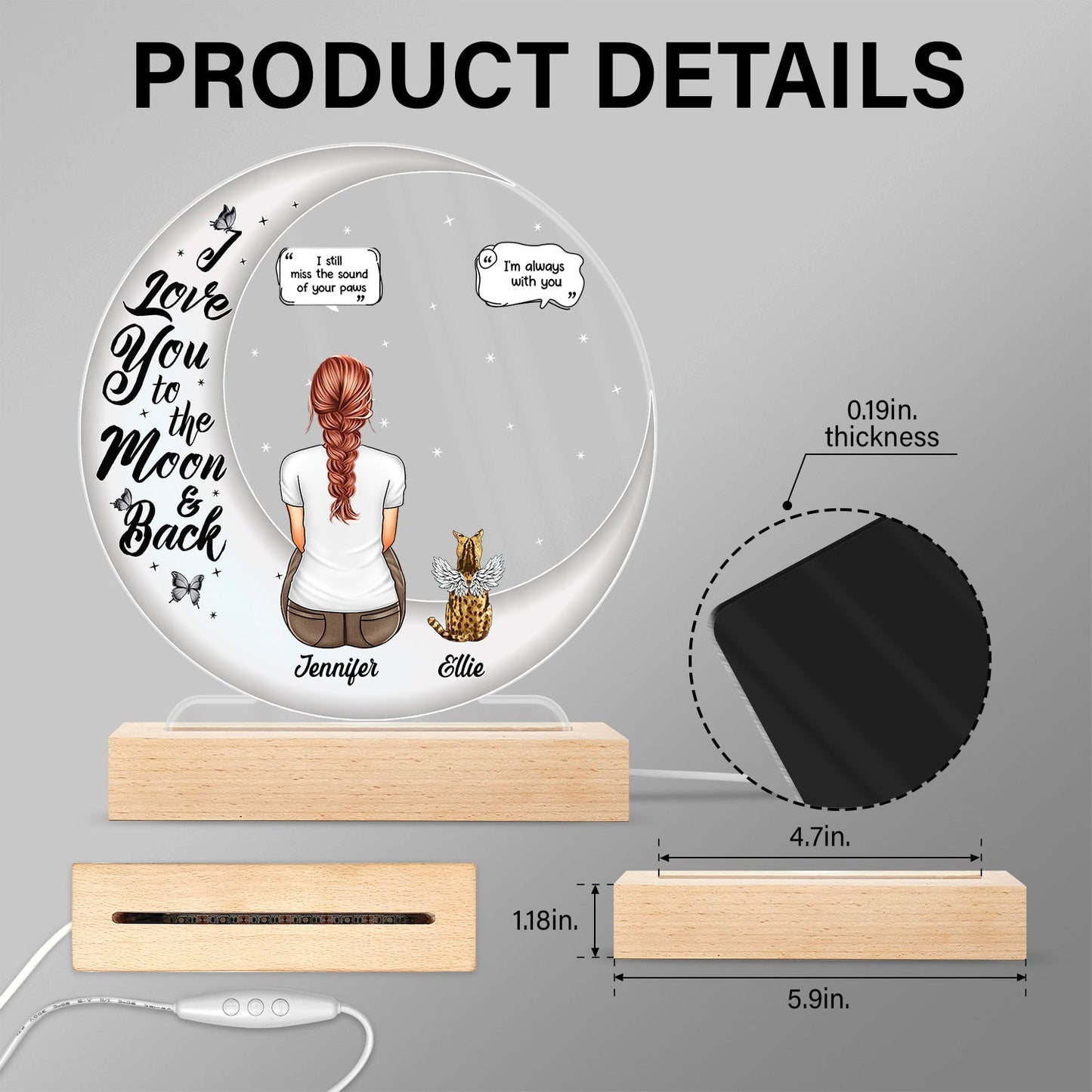 I Love You To The Moon And Back - Memorial Gift For Pet Lovers, Dog Mom, Dog Dad, Cat Mom, Cat Dad - Personalized 3D Led Light Wooden Base