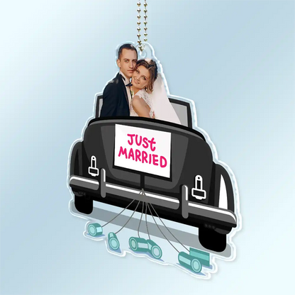 Custom Photo Just Married Couple Honeymoon Wedding Gift - Personalized Acrylic Car Hanger