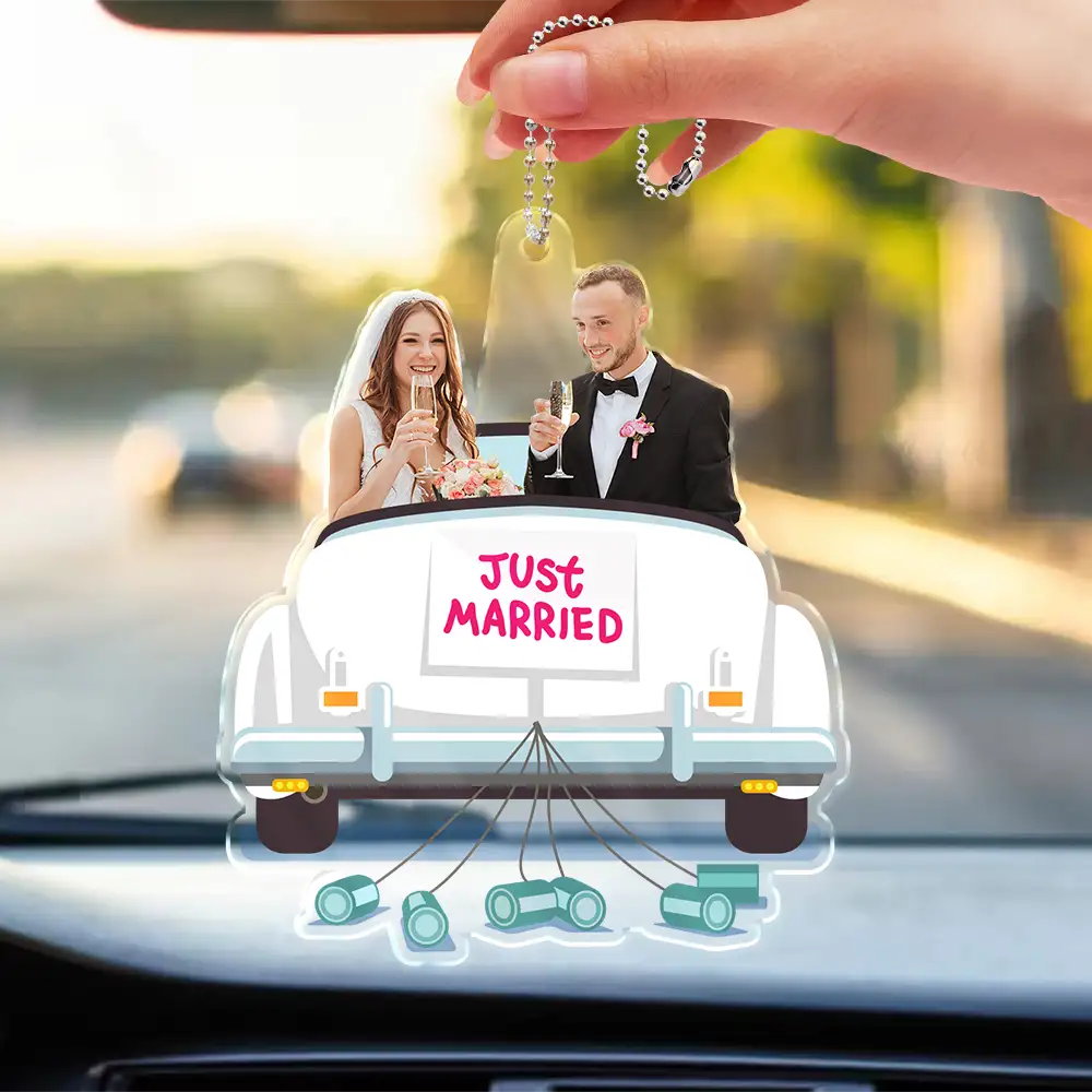 Custom Photo Just Married Couple Honeymoon Wedding Gift - Personalized Acrylic Car Hanger