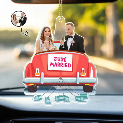 Custom Photo Just Married Couple Honeymoon Wedding Gift - Personalized Acrylic Car Hanger