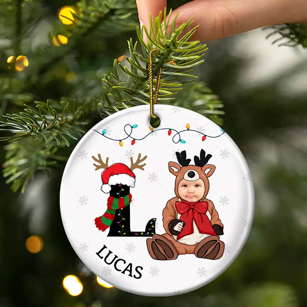 Custom Photo Baby Christmas Costumes Monogram - Personalized Circle Ceramic Ornament