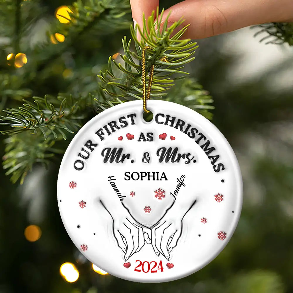 Our First Christmas As Husband And Wife - 3D Inflated Effect Printed Ornament, Personalized Circle Ceramic Ornament