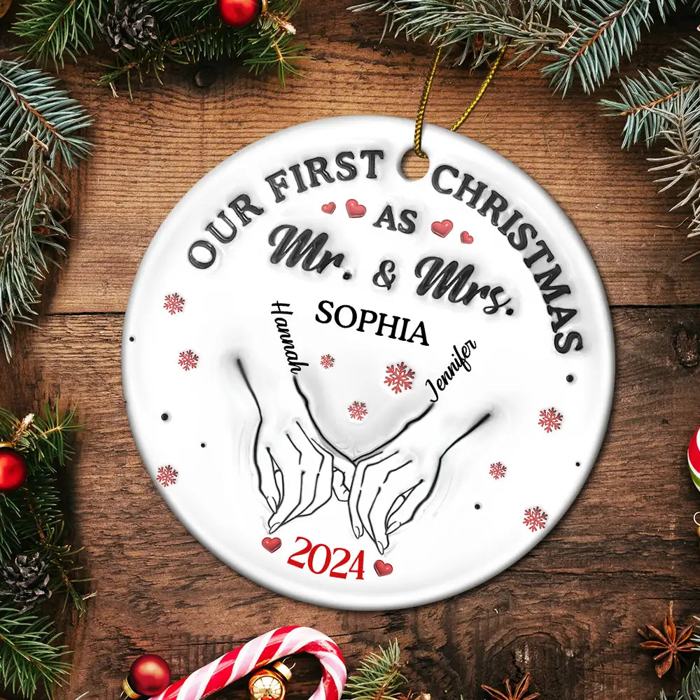 Our First Christmas As Husband And Wife - 3D Inflated Effect Printed Ornament, Personalized Circle Ceramic Ornament