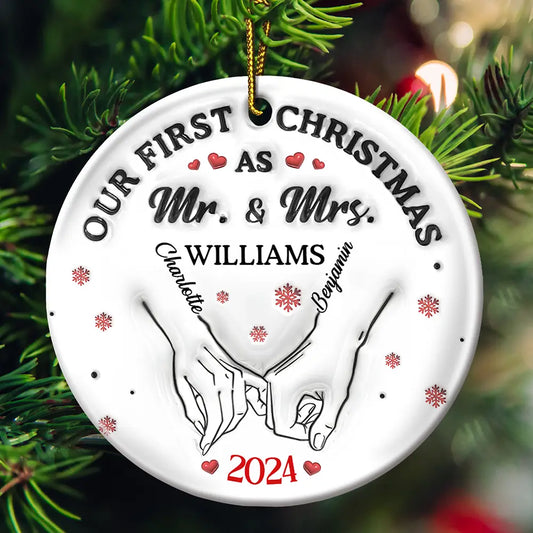 Our First Christmas As Husband And Wife - 3D Inflated Effect Printed Ornament, Personalized Circle Ceramic Ornament