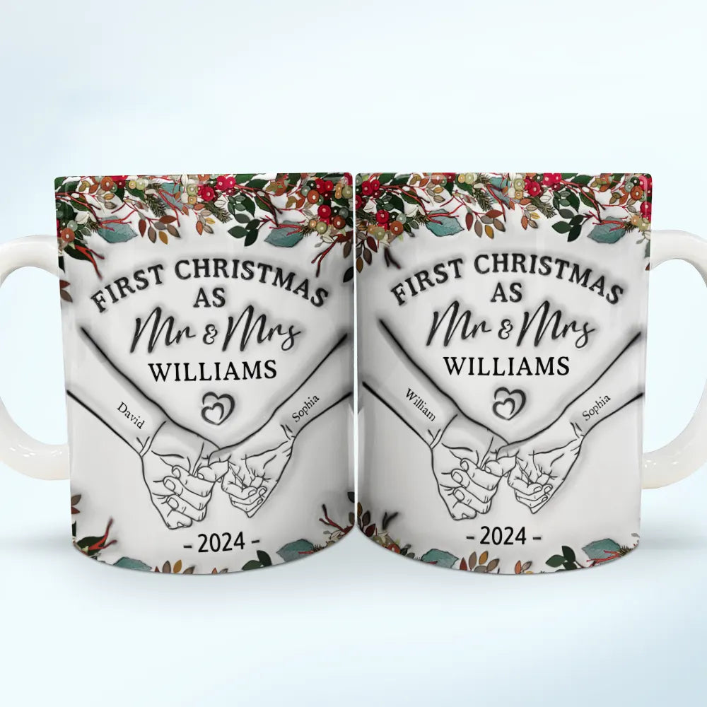 Gift For Couples - Holding Hands First Christmas Couple - 3D Inflated Effect Printed Mug, Personalized White Edge-to-Edge Mug