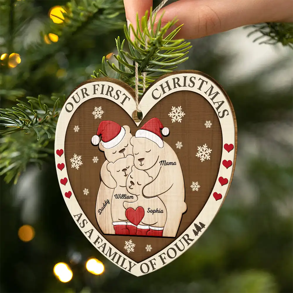 First Christmas As A Family Of Three Bears - Personalized Custom Shaped Wooden Ornament