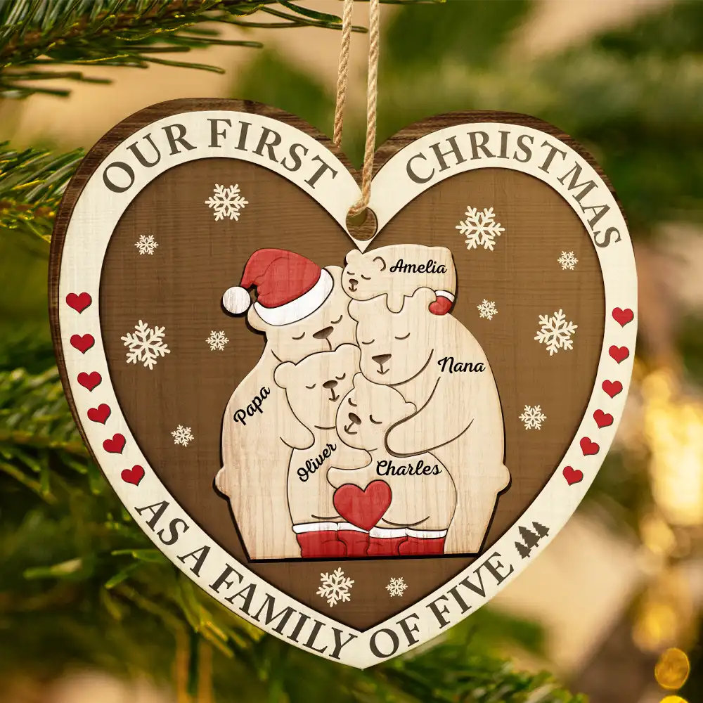 First Christmas As A Family Of Three Bears - Personalized Custom Shaped Wooden Ornament