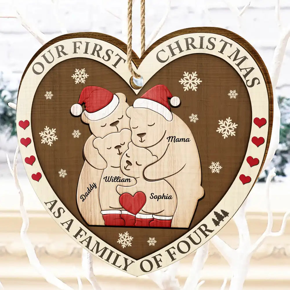 First Christmas As A Family Of Three Bears - Personalized Custom Shaped Wooden Ornament