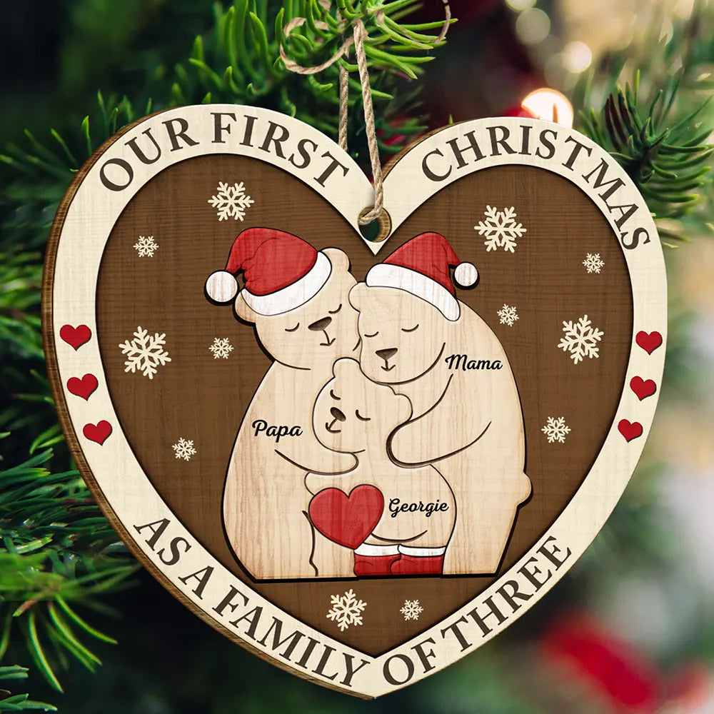 First Christmas As A Family Of Three Bears - Personalized Custom Shaped Wooden Ornament