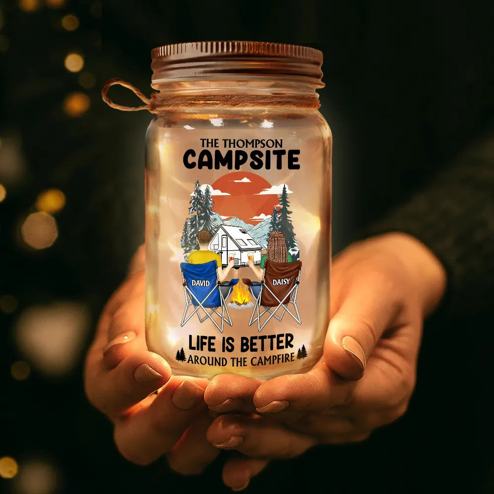 Gift For Couples - Husband & Wife Camping Partners For Life - Personalized Mason Jar Light