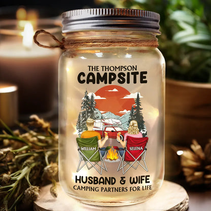 Gift For Couples - Husband & Wife Camping Partners For Life - Personalized Mason Jar Light