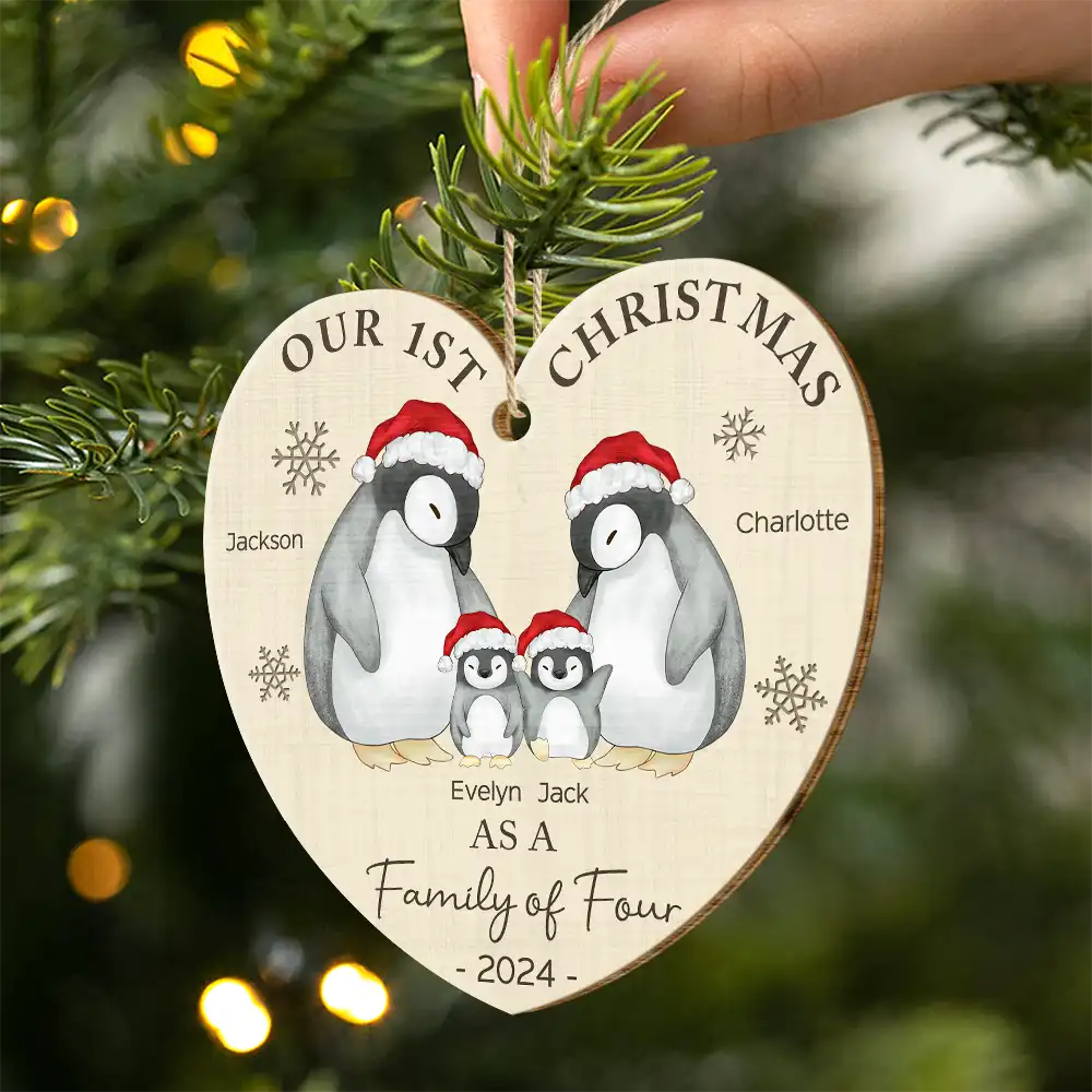 First Christmas As A Family Of Three Penguin - Personalized Custom Shaped Wooden Ornament