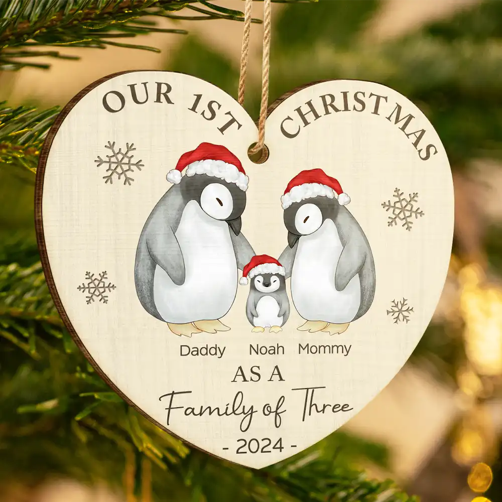 First Christmas As A Family Of Three Penguin - Personalized Custom Shaped Wooden Ornament