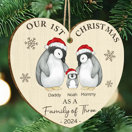 First Christmas As A Family Of Three Penguin - Personalized Custom Shaped Wooden Ornament