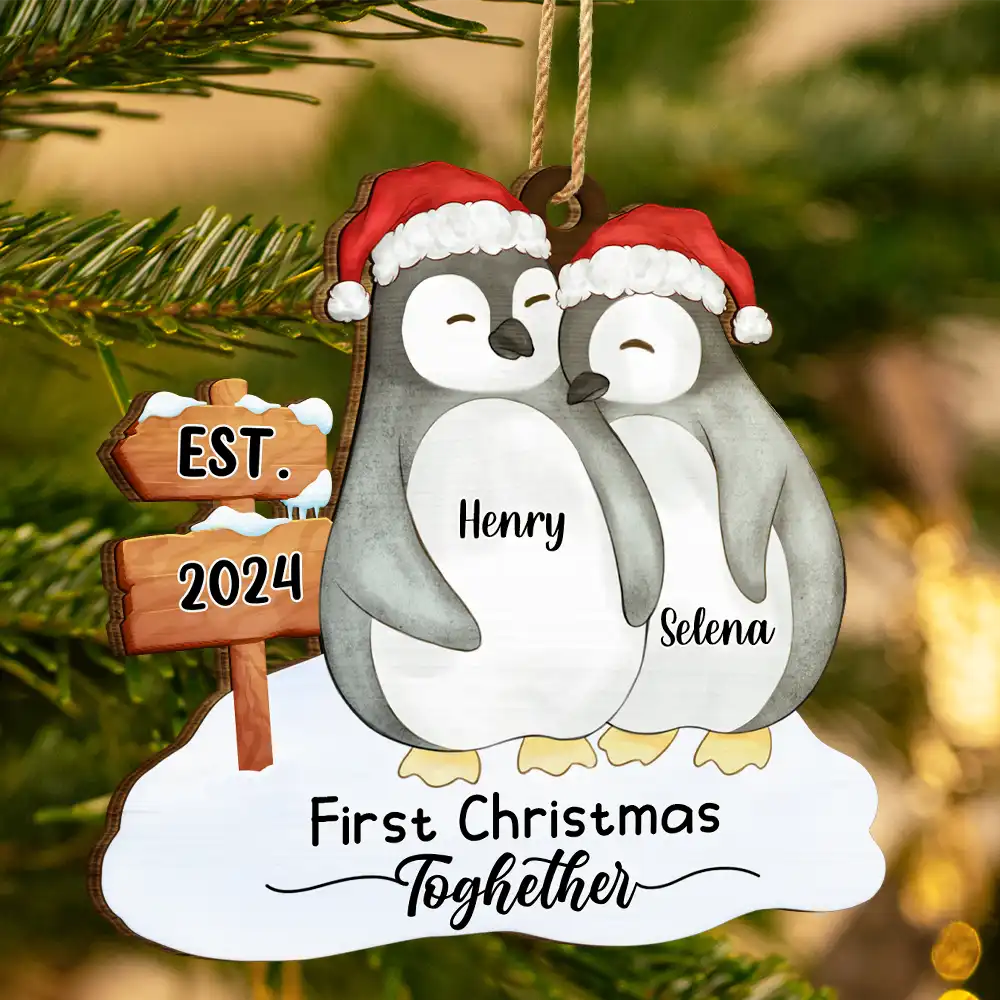 Gift For Couples - First Christmas Married Penguin Couple - Personalized Custom Shaped Wooden Ornament