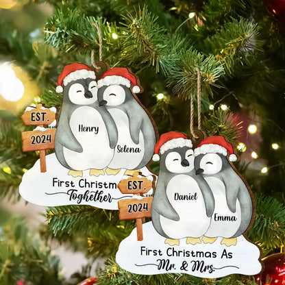 Gift For Couples - First Christmas Married Penguin Couple - Personalized Custom Shaped Wooden Ornament