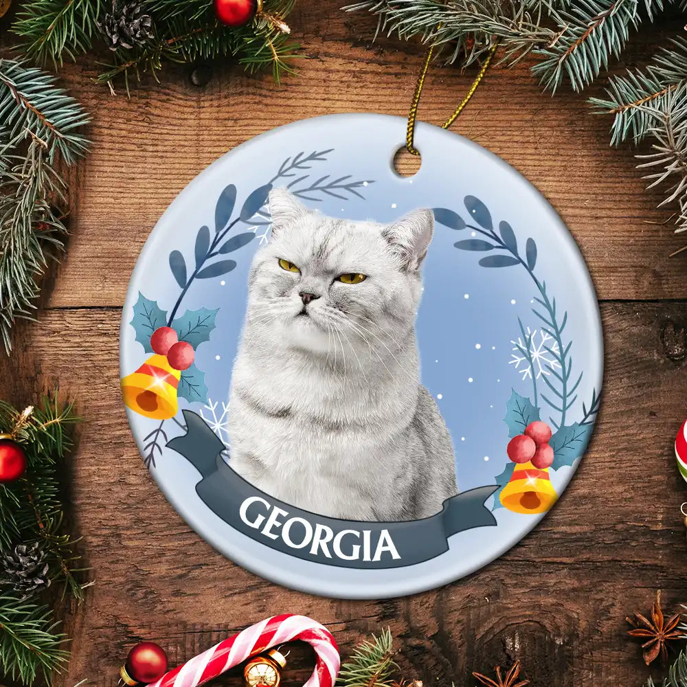 Custom Photo Pet Face Christmas Dog Cat - Personalized Circle Ceramic Ornament