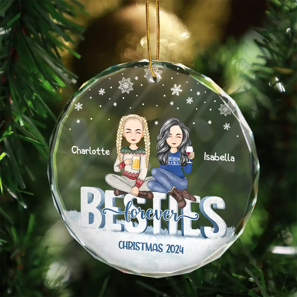 Besties Forever Christmas Sisters Cartoon - Personalized Circle Acrylic Ornament