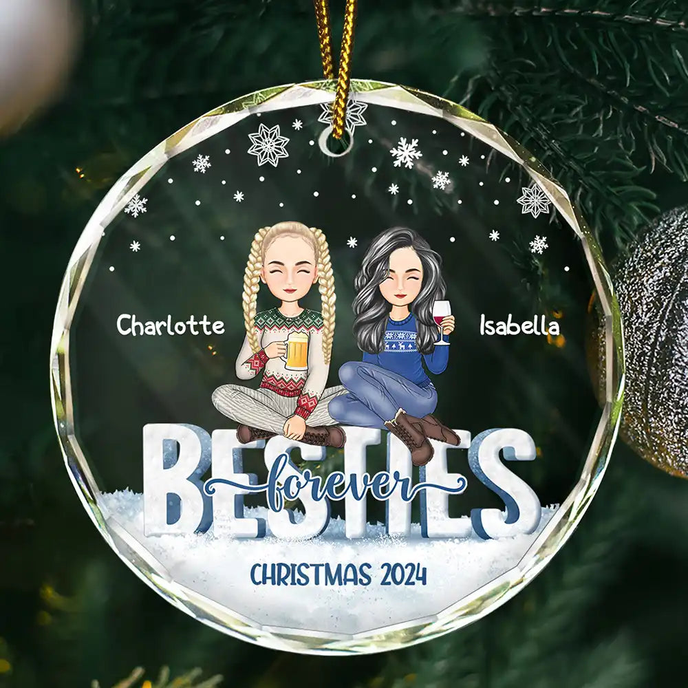 Besties Forever Christmas Sisters Cartoon - Personalized Circle Acrylic Ornament