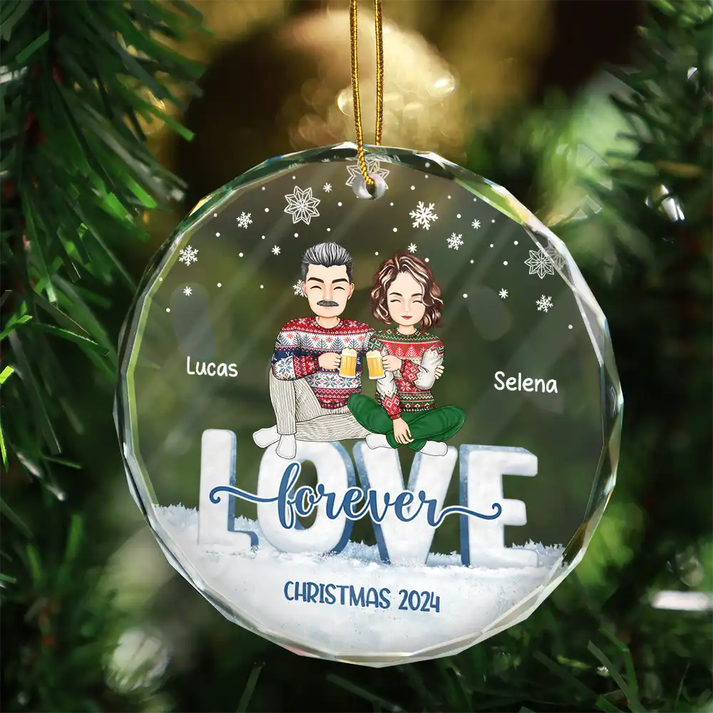 Love Forever Christmas Cartoon Couple - Personalized Circle  Ornament