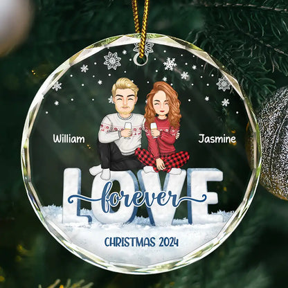 Love Forever Christmas Cartoon Couple - Personalized Circle  Ornament