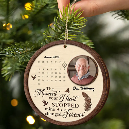 Memorial, Family, Gift For Sibling - Custom Photo The Moment Your Heart Stopped Memorial Calendar - Personalized 2-Layered Wooden Ornament