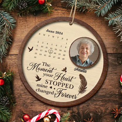 Memorial, Family, Gift For Sibling - Custom Photo The Moment Your Heart Stopped Memorial Calendar - Personalized 2-Layered Wooden Ornament