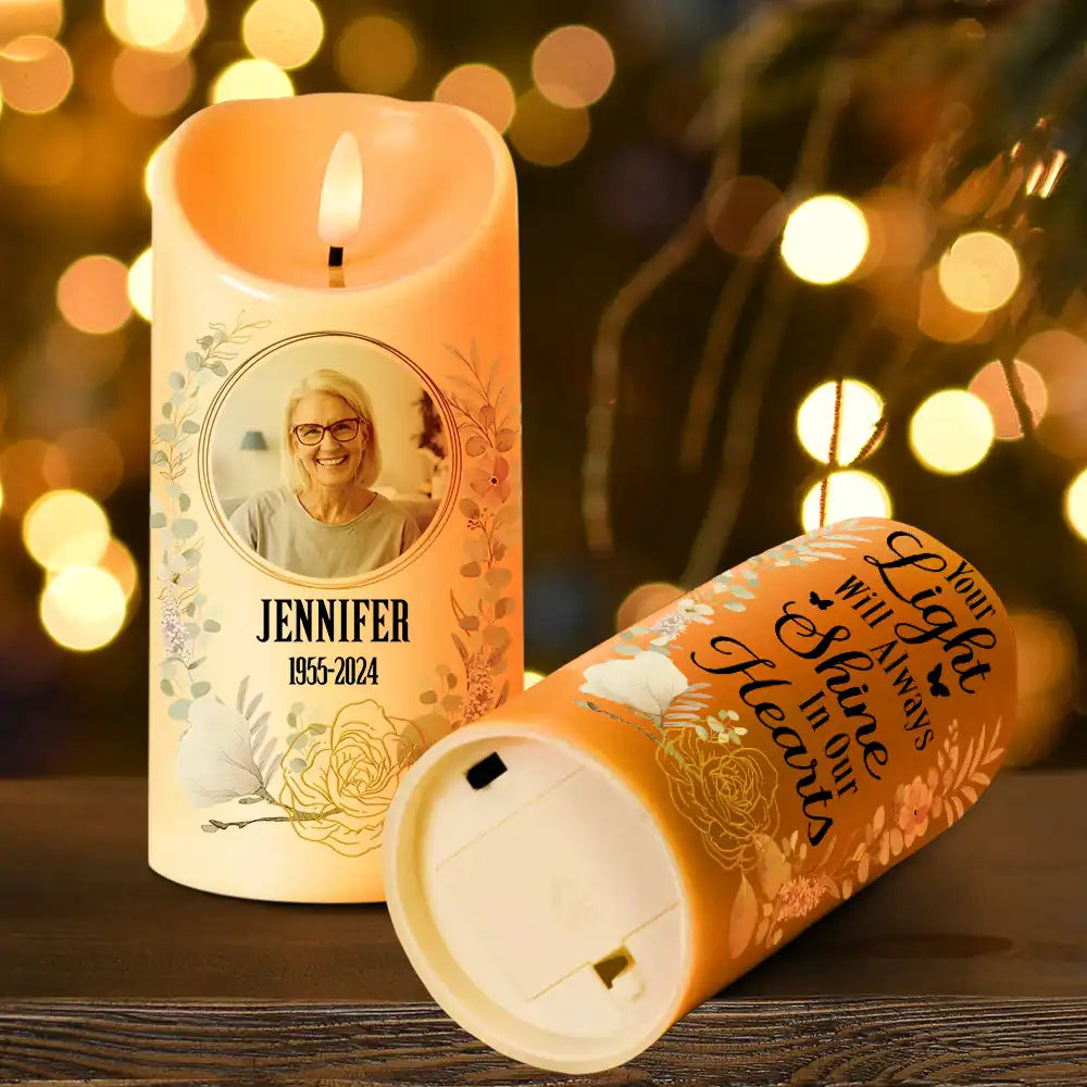 Custom Photo Your Light Will Always Shine In Our Hearts Memorial - Personalized Flameless LED Candle