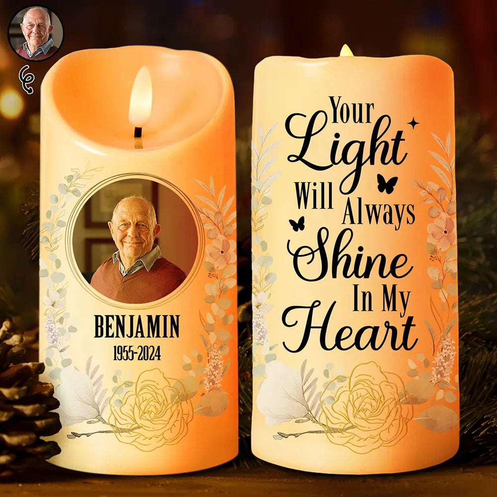 Custom Photo Your Light Will Always Shine In Our Hearts Memorial - Personalized Flameless LED Candle