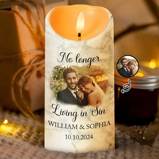 Custom Photo No Longer Living In Sin Wedding Couples - Personalized Flameless LED Candle