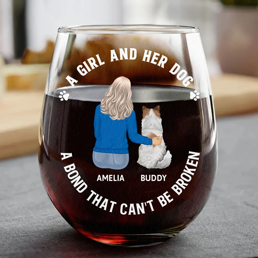 A Bond That Can't Be Broken Dog Mom Dog Dad - Personalized Stemless Wine Glass