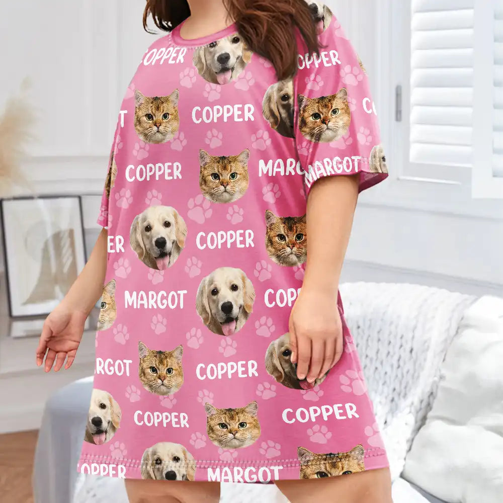 Custom Photo Funny Pet Face Pattern Dog Cat Family - Personalized Women's Sleep Tee