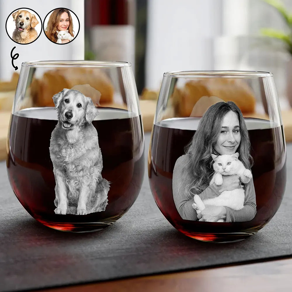 Custom Photo Dog Cat Pet Family - Personalized Stemless Wine Glass