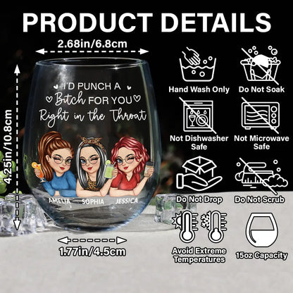 Right In The Throat Besties Sisters - Personalized Stemless Wine Glass