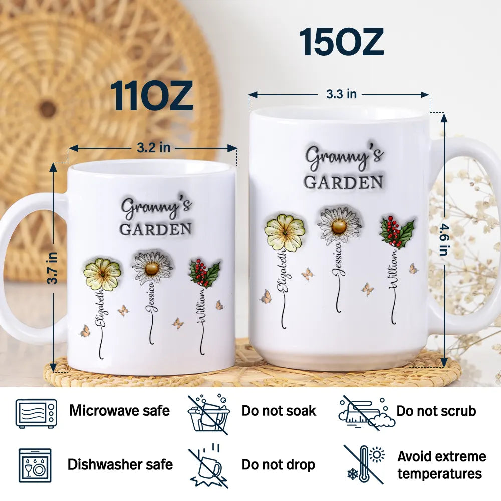 Grandma's Garden Birth Flowers - 3D Inflated Effect Printed Mug, Personalized White Edge-to-Edge Mug