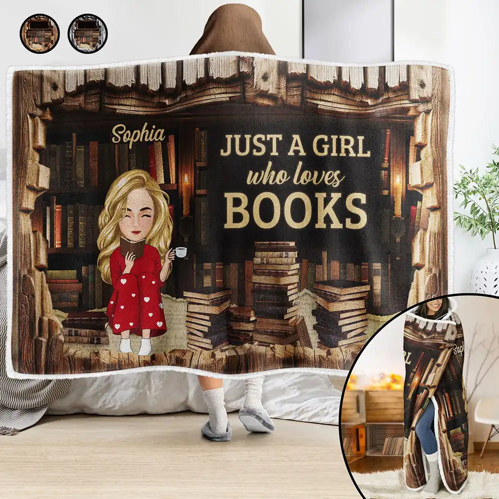 Just A Girl Who Loves Books Library - Personalized Wearable Hooded Blanket