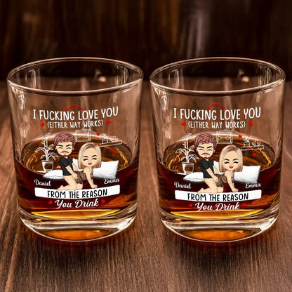 Chibi Couple I Love You Either Way Works - Personalized Whiskey Glass
