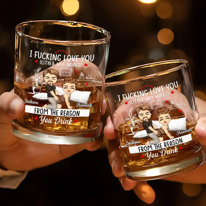 Chibi Couple I Love You Either Way Works - Personalized Whiskey Glass