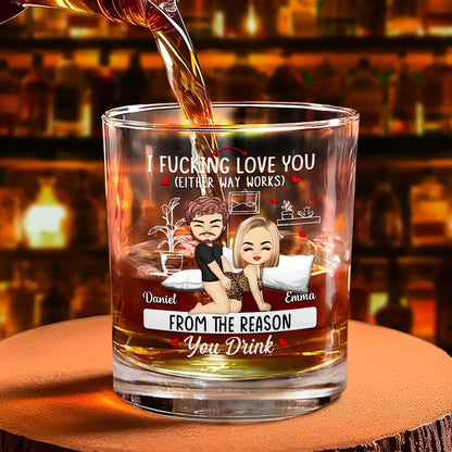 Chibi Couple I Love You Either Way Works - Personalized Whiskey Glass