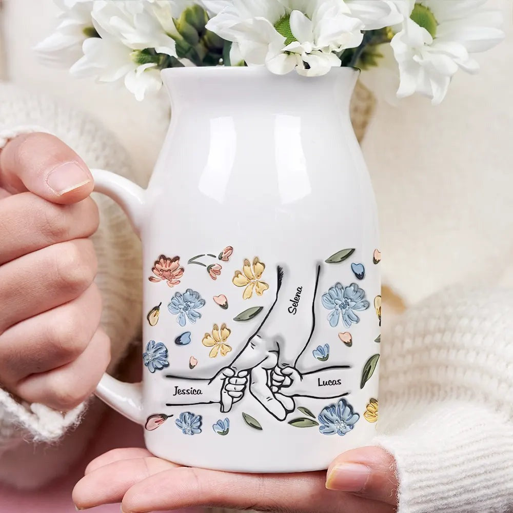 Hand In Hand I Will Always Protect You Mom Nana - 3D Inflated Effect Printed Vase, Personalized Ceramic Flower Vase