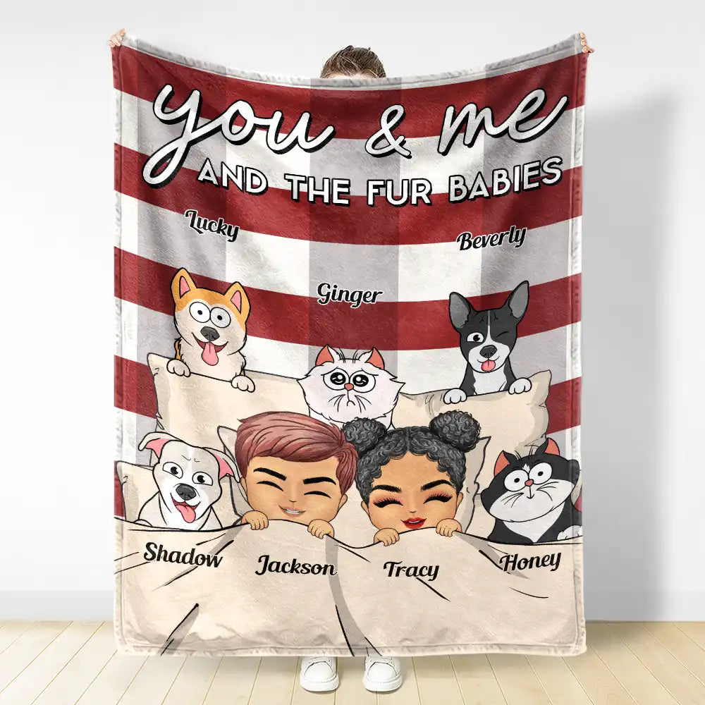 Gift For Couples, Gift For Husband, Gift For Wife, Pet Couple, Pet Lovers - Chibi You & Me And The Dogs Cats Fur Babies - Personalized Fleece Blanket, Sherpa Blanket