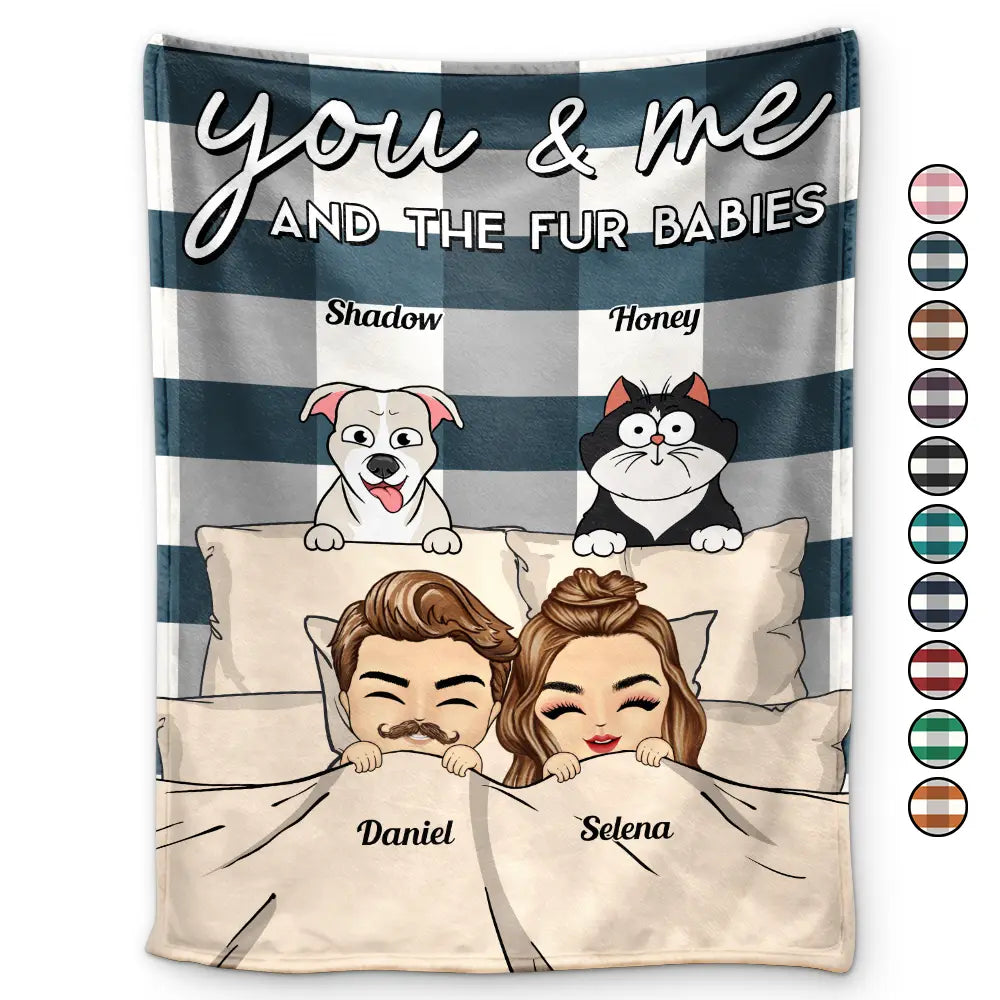 Gift For Couples, Gift For Husband, Gift For Wife, Pet Couple, Pet Lovers - Chibi You & Me And The Dogs Cats Fur Babies - Personalized Fleece Blanket, Sherpa Blanket