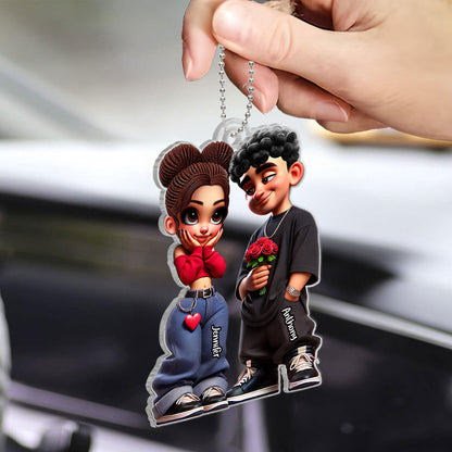 3D Effect Y2K Couple Personalized Acrylic Car Hanger, Valentine's Day Gift For Couple, For Him, For Her