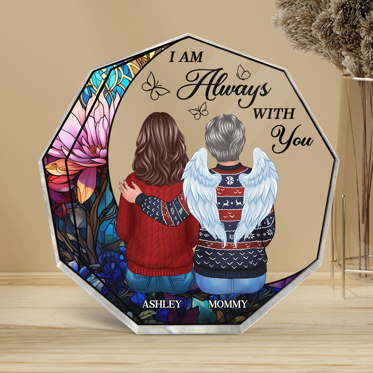 Always With You Stained Glassed Moon Memorial Keepsake Personalized Acrylic Nonagon Plaque