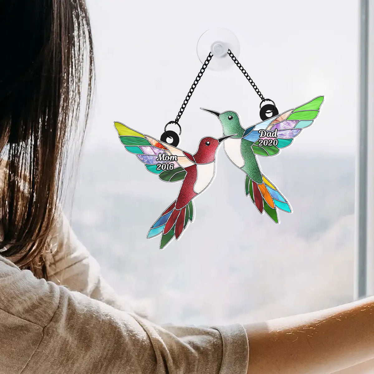 Stained Glass Hummingbirds Memorial Personalized Suncatcher