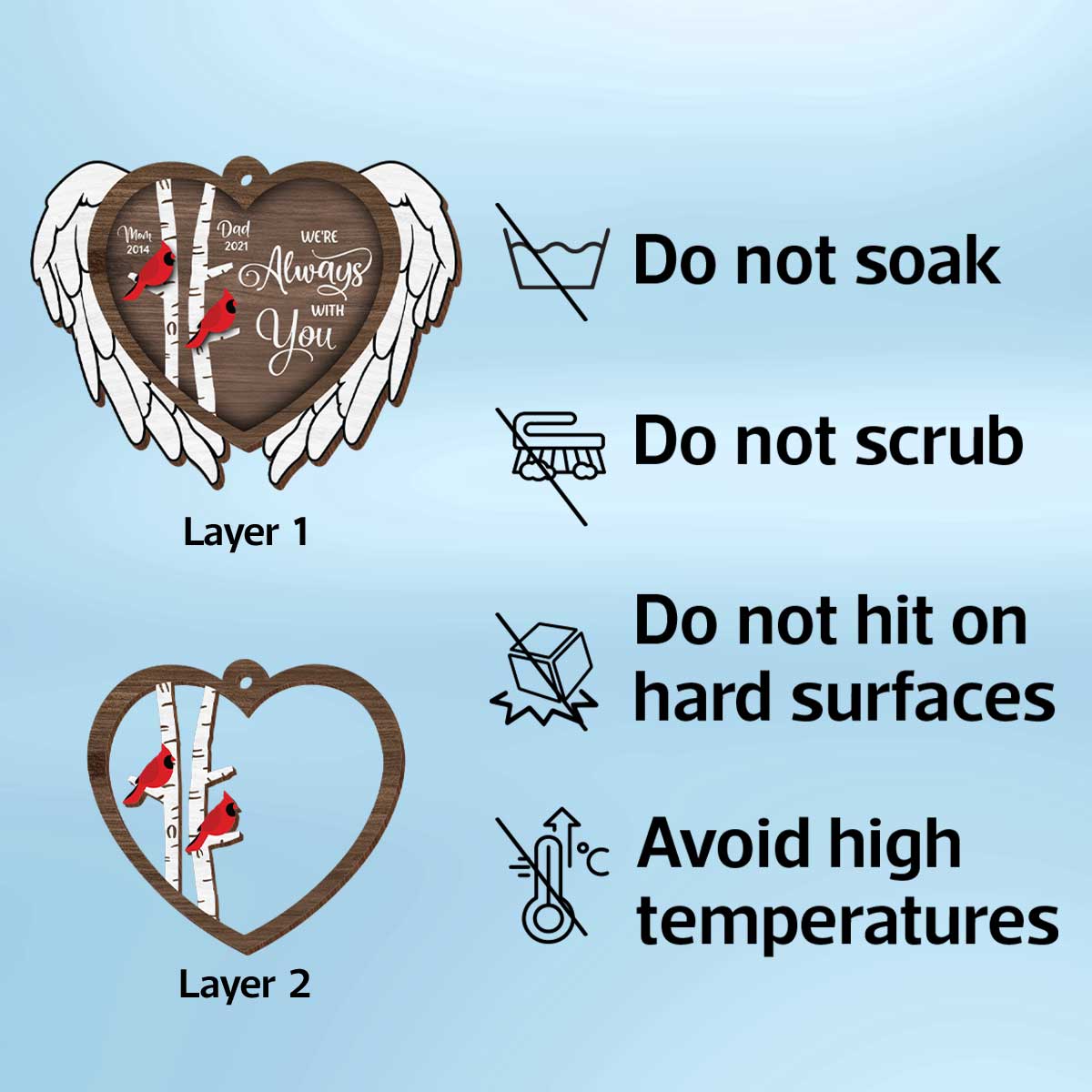 Always With You Cardinal Angel Wings Memorial Keepsake Personalized 2-Layer Wooden Ornament