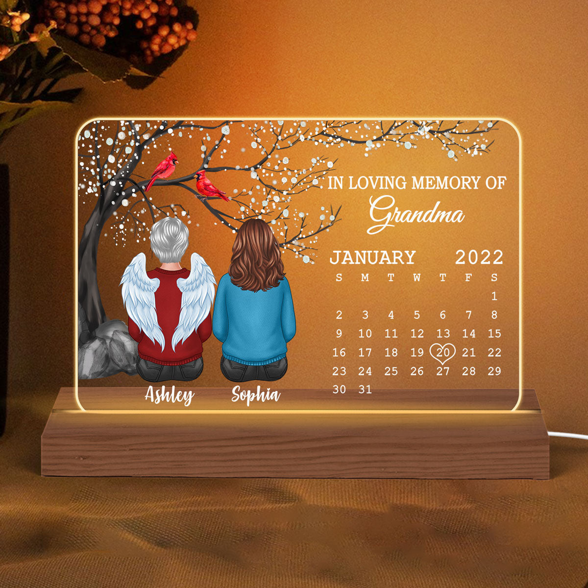 Blossom Tree Always With You Memorial Sympathy Date Calendar Personalized Horizontal Rectangle Plaque With LED Night Light