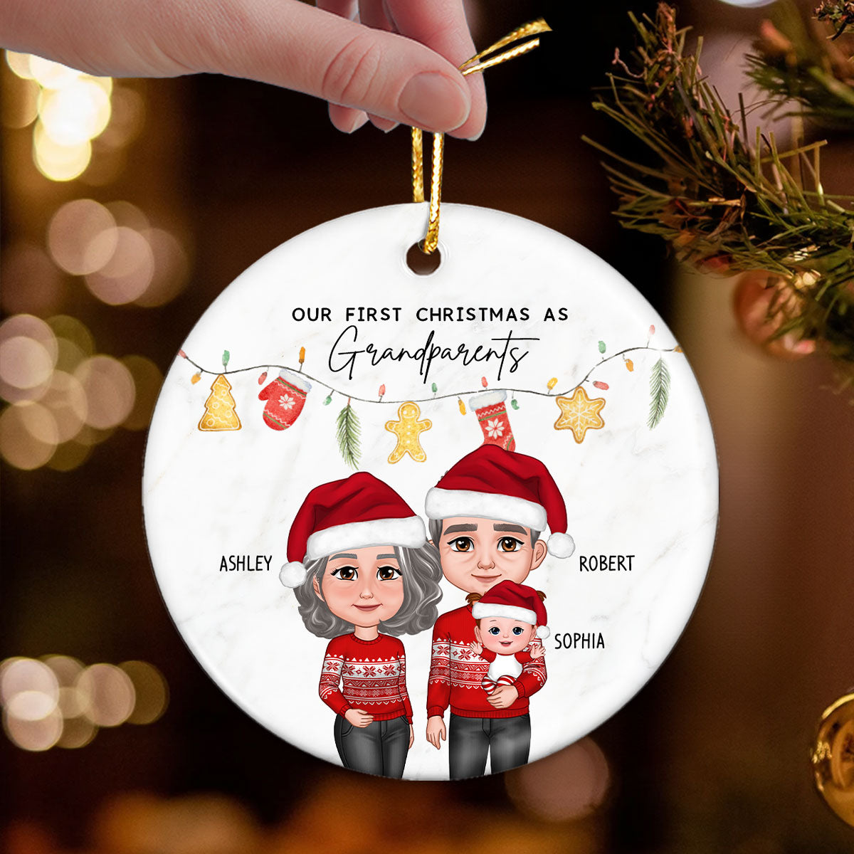 Our First Christmas As Grandparents Cute Things Personalized Circle Ceramic Ornament