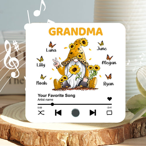 Sunflower Gnome Butterflies Grandma With Grandkids Personalized Music Fridge Magnet, Heartfelt Mother's Day Gift For Mom For Grandma