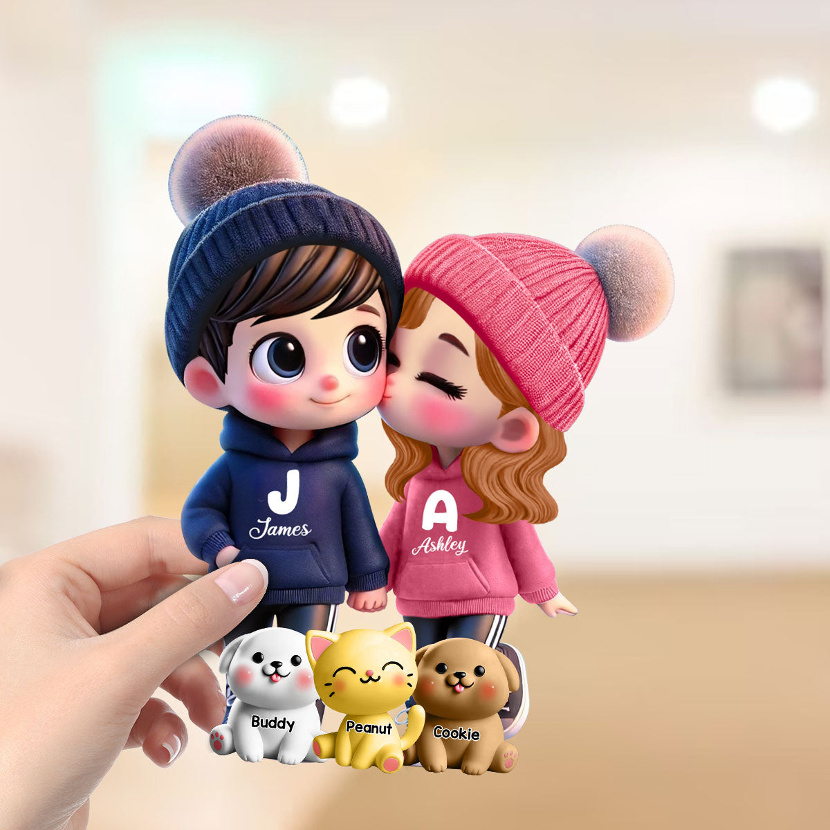 3D Effect Cute Cartoon Couple You Me And The Dog Cat Personalized Standing Wooden Plaque,  Gift for Him, Gift for Her